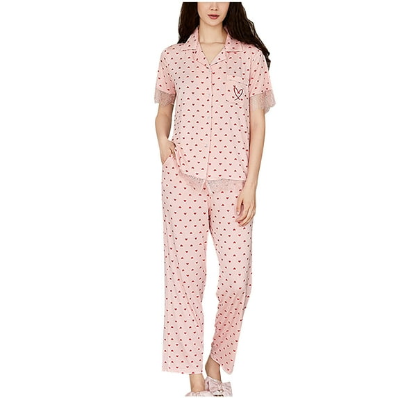Jamicy Loungewear for Women Christmas Gift Women's Cute Polka Dot Heart Print Pajama Sets Button Down Short Sleeve Sleepwear Matching Pjs Bottom Lounge Outfits