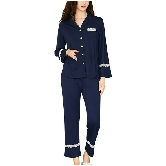 Jamicy Loungewear for Women Christmas Present Women's 2 Piece Outfits Lightweight Button Long Sleeve Tops Loose Pants Comfy Pajamas Sets Lace Patchwork Loungewear