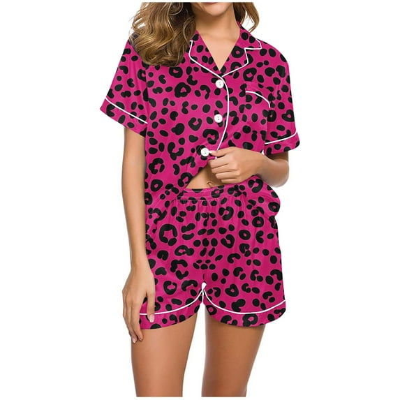 Jamicy Loungewear for Women Valentine's Day Fashion Women's 2 Piece Stain Pajama Set Leopard Button Front Short Sleeve Collar Shirt and Shorts Sleepwear Set Pjs