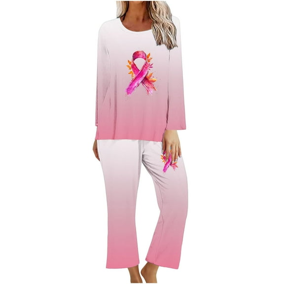 Jamicy Loungewear for Women Breast Cancer Awarenes 2 Piece Sets Pink Ribbon Month Shirts Pants Survivor Inspirational Pajamas Sets