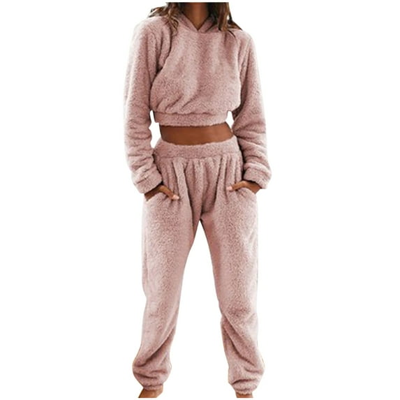Jamicy Loungewear for Women Fuzzy Lounge Casual Pajamas Sets Long Sleeve Fleece Pullover And Pants Set 2 Piece Fluffy Loungewear Sleepwear