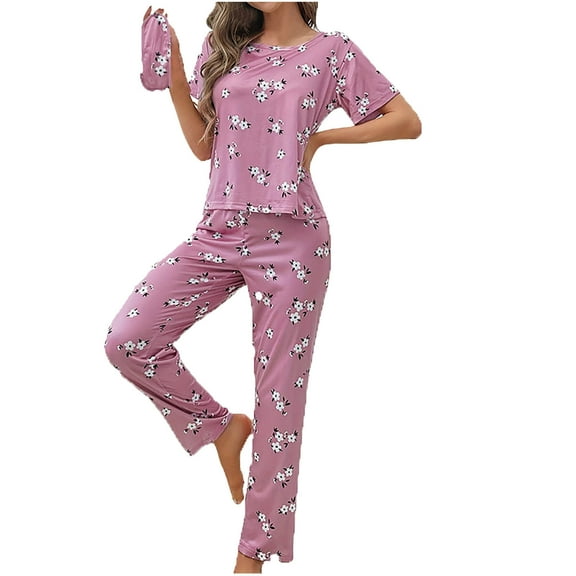 Jamicy Loungewear for Women Satin Pajama Set Womens Silk Short Sleeve Round Neck Shirt with Long Pant Soft Loungewear Pjs Set