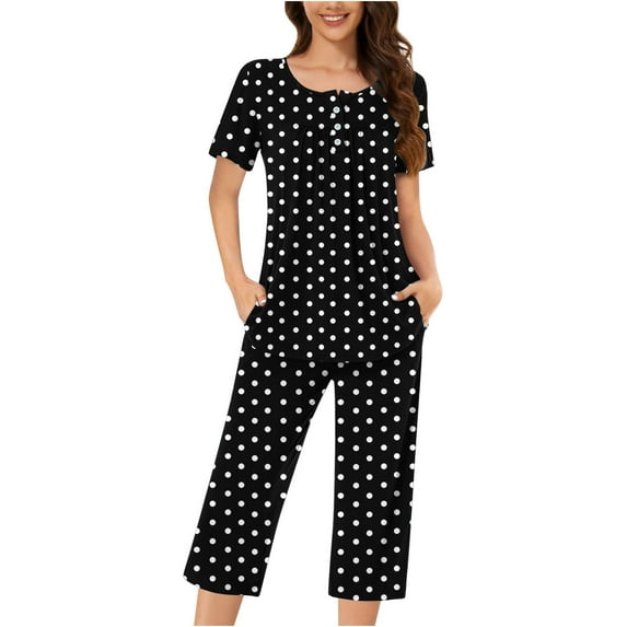Jamicy Loungewear for Women Fashion Casual Loose Printed Round Neck Button-Up Short Sleeve Top with Capri Pants Pajamas Set Ladies Home Clothes