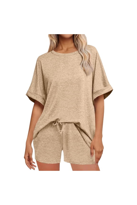 Loungewear for Women Gift for Wife Women's 2 Piece Pajama Sets Short Sleeve Lounge Sets Soft Round Neck Top and Shorts Sleepwear