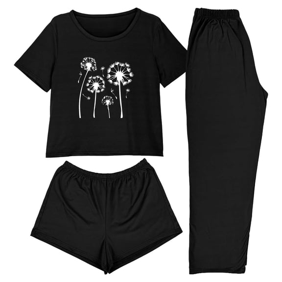 Jamicy Loungewear for Women Valentine's Day Gift 3pcs Home Casual Pajamas Short Sleeves Tops with Shorts Long Pants Set Pajamas Set