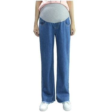 Jamicy Maternity Pants with Pockets Women's High Waisted Solid Color Stretch Elastic Waist Maternity Belly Support Jeans for Prennant