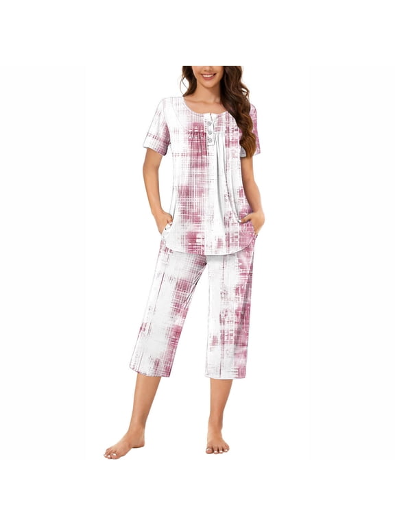 Maternity Sleepwear Gradient Printed Button Pleated Round Neck Short Sleeve Top Pocket Sports Capris Loose Comfortable Ladies Pajama Set