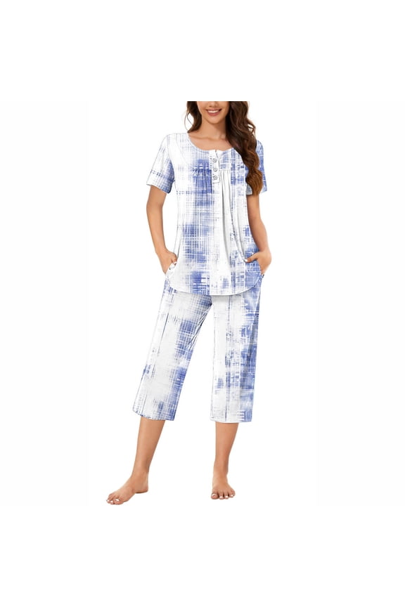 Maternity Sleepwear Gradient Printed Button Pleated Round Neck Short Sleeve Top Pocket Sports Capris Loose Comfortable Ladies Pajama Set
