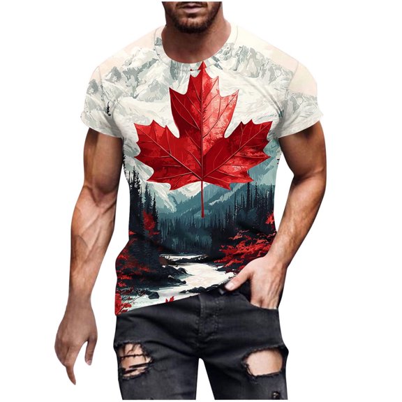 Jamicy Mens Beach Shirts Gift for Men Men Casual Round Neck Printing Pullover Canadian Maple Leaf Shirt for Men Canada Day Flag T-Shirt