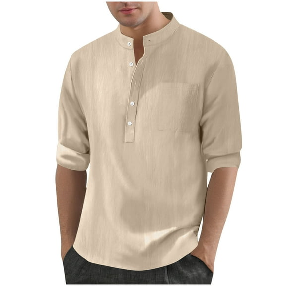 Jamicy Mens Cotton Linen Henley Shirts Solid Long Sleeve Casual Shirt Summer Beach Hippie T-Shirt Band Collar Shirt & Pocket