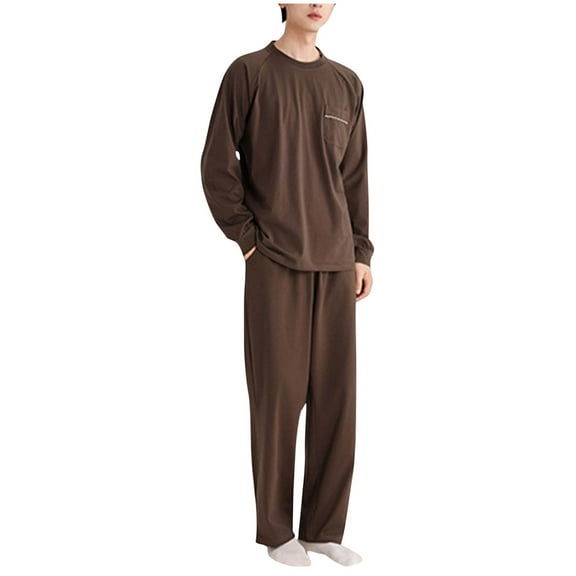 Jamicy Mens Pajama Set Solid Color Soft Pijamas Sets for Men Long Sleeve Full Length Pants Pjs Sleepwear with Pockets