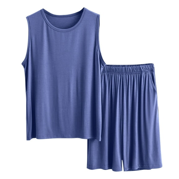 Jamicy Mens Pajama Set Summer Loose Solid Color Sleeveless Top with Shorts Set Home Wear Two-Piece Pajama Sets