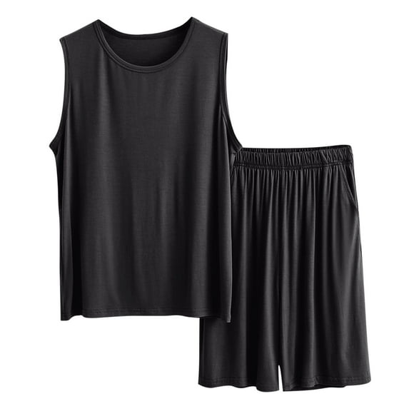 Jamicy Mens Pajama Set Summer Loose Solid Color Sleeveless Top with Shorts Set Home Wear Two-Piece Pajama Sets