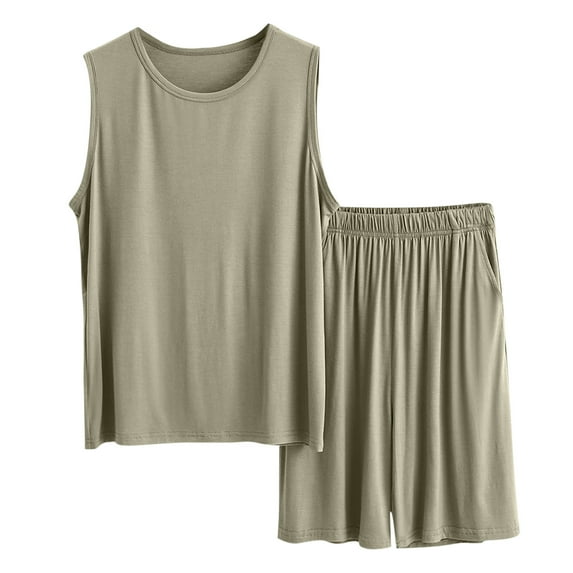 Jamicy Mens Pajama Set Summer Loose Solid Color Sleeveless Top with Shorts Set Home Wear Two-Piece Pajama Sets