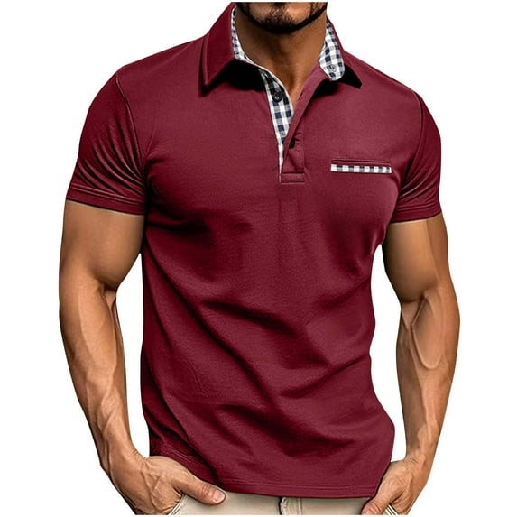 Jamicy Mens Shirts Casual Summer Wear 2025 Mens Casual Short Sleeve Summer Polos Plaid Splice Cotton T-Shirt Golf Tennis Tops