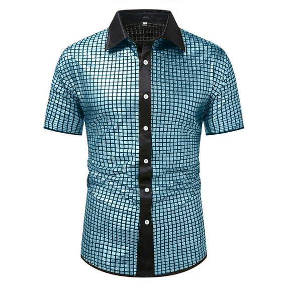 Jamicy Mens Short Sleeve Tops Summer Wear 2025 Mens 70s Shirt Short Sleeve Sequin Button Down Top Party Disco Outfit
