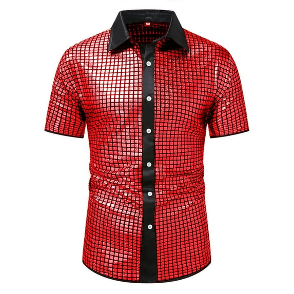 Jamicy Mens Short Sleeve Tops Summer Wear 2025 Mens 70s Shirt Short Sleeve Sequin Button Down Top Party Disco Outfit