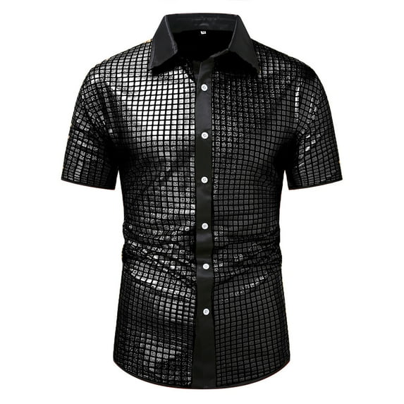 Jamicy Mens Short Sleeve Tops Summer Wear 2025 Mens 70s Shirt Short Sleeve Sequin Button Down Top Party Disco Outfit