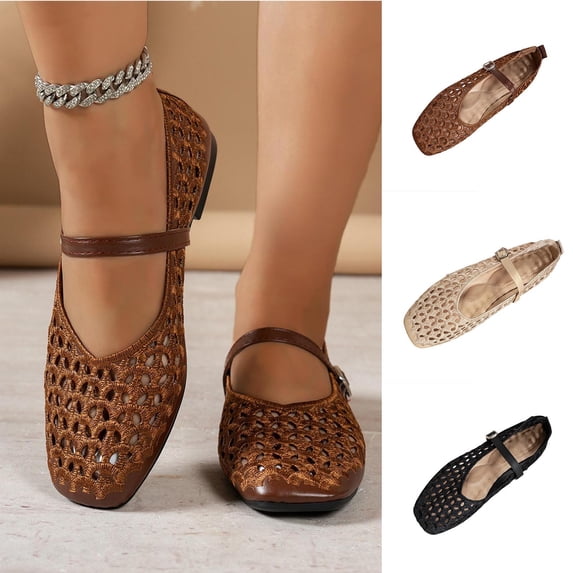 Jamicy Mesh Ballet Flats for Women with Metal Buckle Strap Ballerina Flat Shoes Lightweight Comfortable Round Toe Mary Jane Flat
