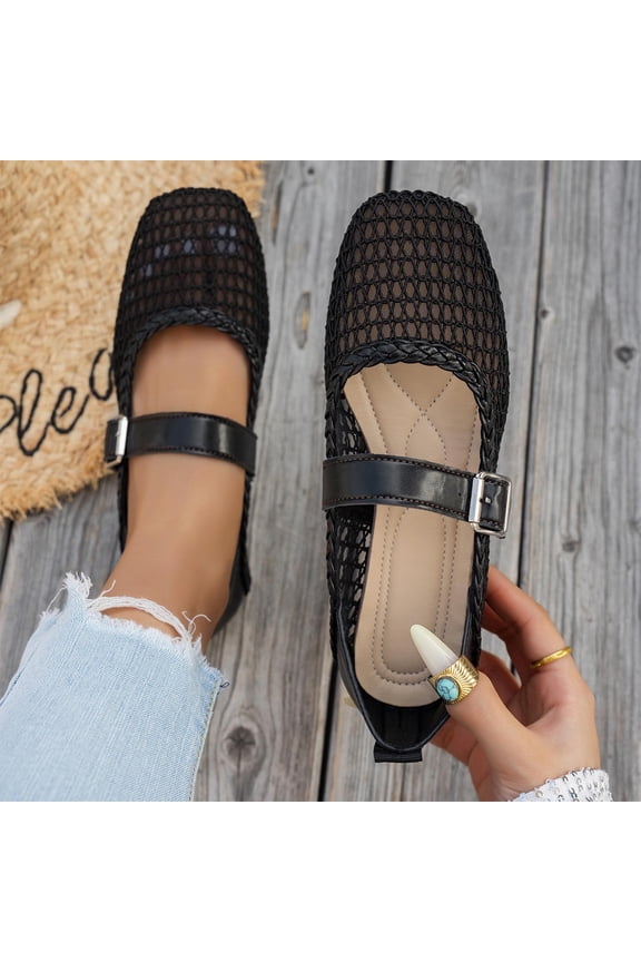 Mesh Flats for Women Breathable Ballet Flats Mary Jane with Buckle Strap, Casual Office Fishnet Ballerina, Soft All-Day Comfy Dressy Shoes