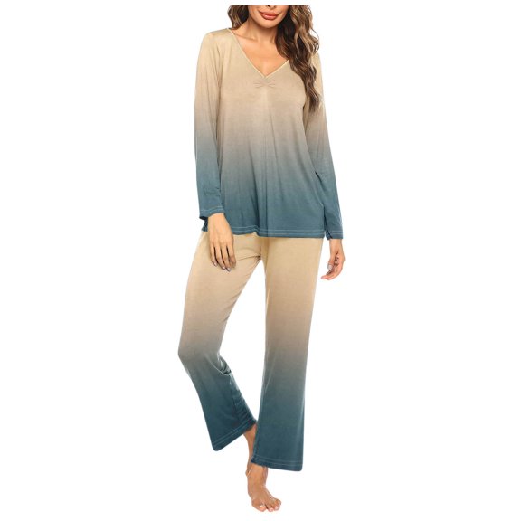 Jamicy New Pajamas for Women Casual Fashion Gradient Print Casual Long Sleeve Top with Long Pants Pajamas Set Ladies Loungewear Plus Size