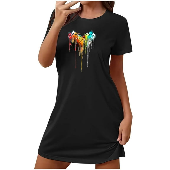 Jamicy Nightdress for Women Pajamas Short Nightdress Chest Printed Round Neck Short Sleeve Comfortable Casual Women's Short Nightdress