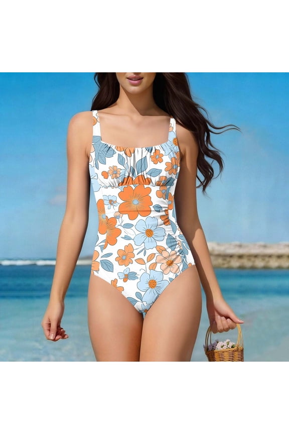 One Piece Swimsuit Women Tummy Control Square Neck Sporty Ruched Slimming Monokini High Cut Women's Bathing Suit