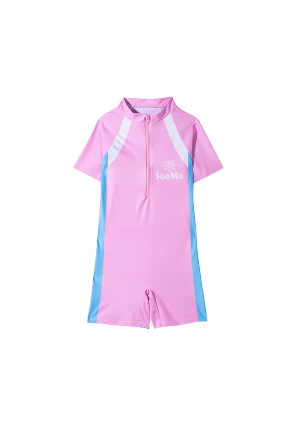One Piece Swimsuit for Toddlers Girl for 3-14 Years Fashion Girl Jumpsuit Swimsuit Girls One Piece Short Sleeve Sunsuit Upf 50+ Sun Protection