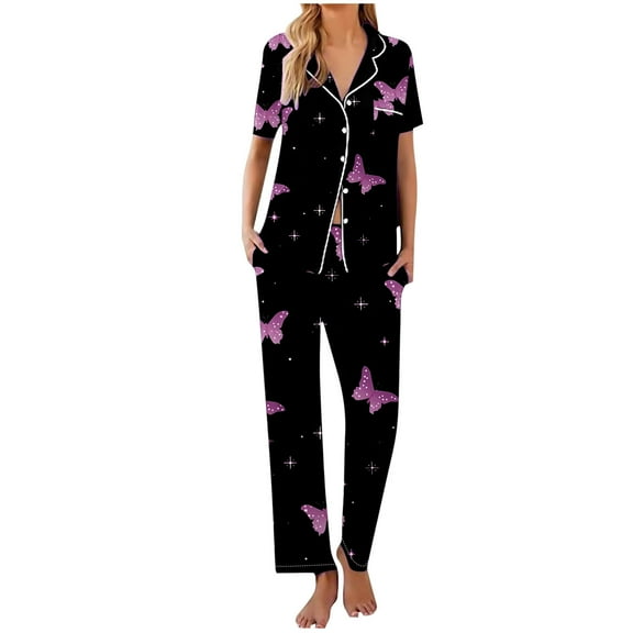 Jamicy Pajama Set for Women Valentine's Day for Wives Womens Short Sleeve Pajamas Set Soft Sleepwear Button Down Shirt and Long Pants Pj Lounge Sets S-Xxl with Pockets