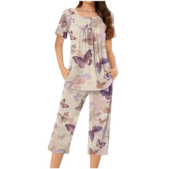Jamicy Pajama Set for Women Fashion Casual Loose Printed Round Neck Short Sleeve Button Capri Pants Comfortable Ladies Pajamas Set