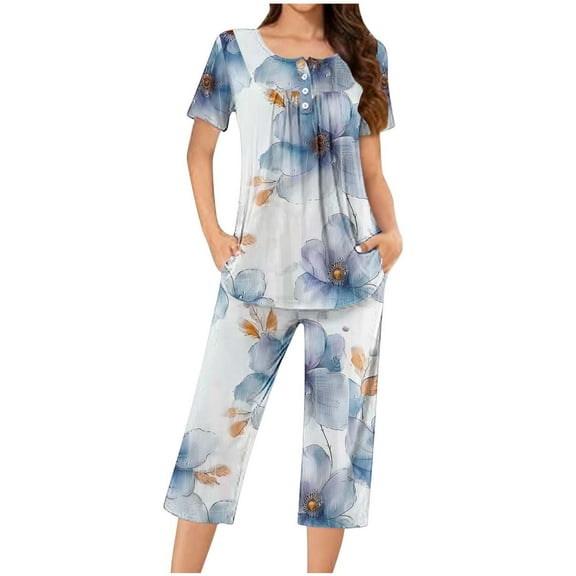 Jamicy Pajama Set for Women Fashion Casual Loose Printed Round Neck Short Sleeve Button Capri Pants Comfortable Ladies Pajamas Set