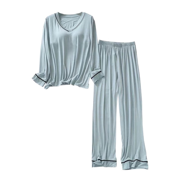 Jamicy Pajama Sets for Women Comfy Long Sleeve Sleepwear Top with Pad Solid Pyjama Pants with Pocket 2 Piece Loungewear Pjs Sets