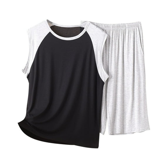 Lopecy-Sta Pajamas for Men Set Summer Home Wear Men's Summer Loose Color Blocked Set Round Neck Short Sleeve Tank Top with Shorts Home Clothes Two Piece Set
