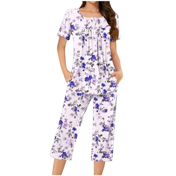 Jamicy Plus Size Pajamas for Women Fashion Casual Loose Printed Round Neck Short Sleeve Button Capri Pants Comfortable Ladies Pajamas Set