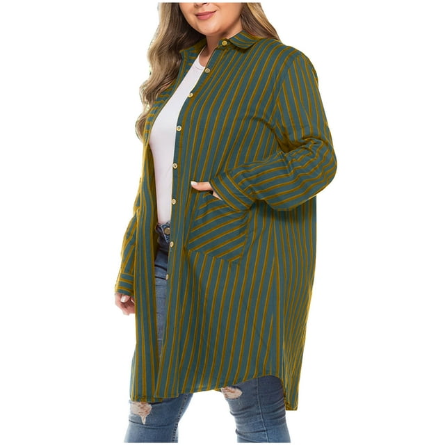 Jamicy Plus Size Striped Shirt Dress for Women Lightweight Button Down Blouses Casual Flowy Long Tunic Tops with Pockets