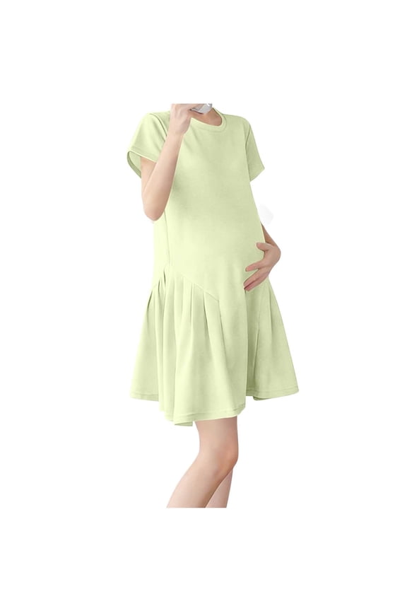 Pregnancy Dress Solid Color Summer Dress for Women 2026 Cute Round Neck Short Sleeve Loose Fit Casual Maternity Dress