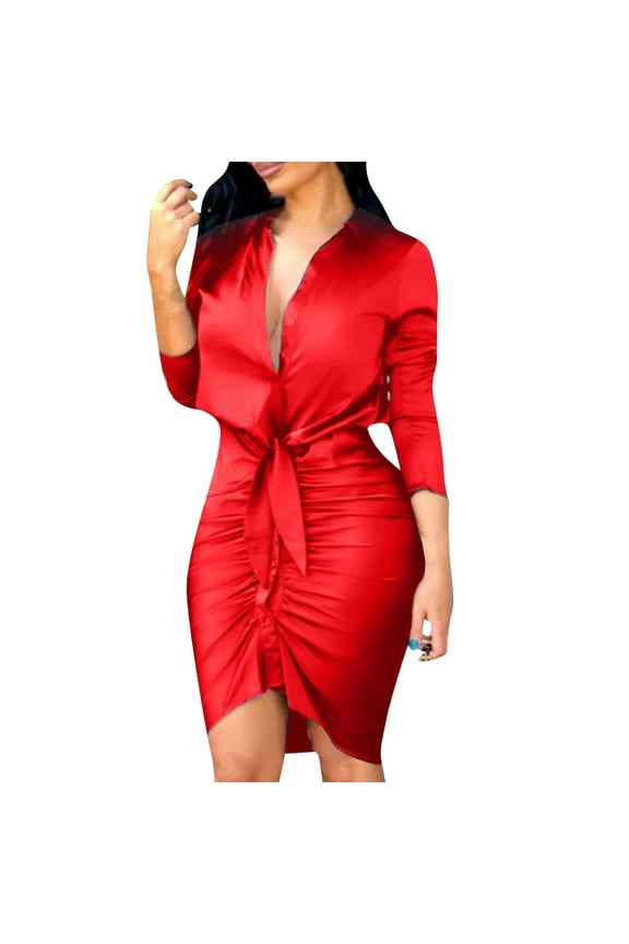 Red Dress Women Professional Dress V-neck Long Sleeve Solid Bandage Shirt Dress
