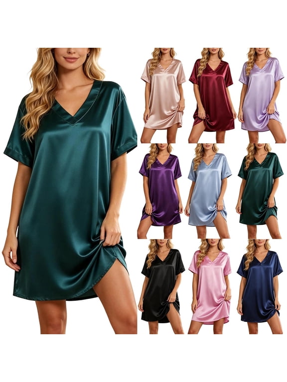 Satin Nightshirts for Women Short Sleeve V Neck Silk Nightgown Night Dress Solid Color Satin Loose Sleepwear for Pajama Party