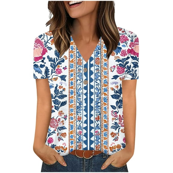 Jamicy Short Sleeve Blouse for Women Gift for Women Womens Tops Summer V Neck 2025 Short Sleeve Casual Shirts Fashion Loose Fit Clothes
