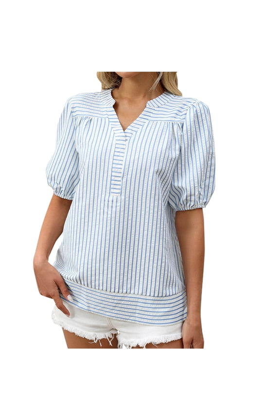 Short Sleeve Blouse for Women Summer Outfits Womens Summer Swing Top Striped V-Neck Loose Short Sleeve Pleated Pullover Casual Blouses