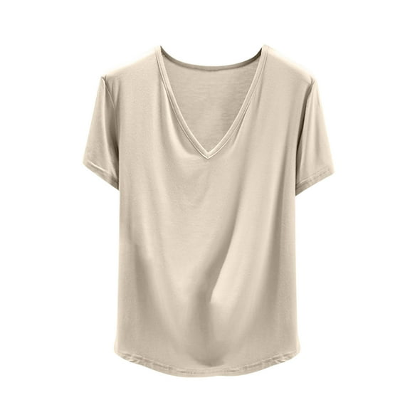 Jamicy Sleep Blouse for Women Plus Cropped Loose Simple Solid Color V-Neck Short Sleeve Pajama Top Women's Sleepwear