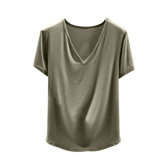 Jamicy Sleep Blouse for Women Valentine's Day Gifts Plus Cropped Loose Simple Solid Color V-Neck Short Sleeve Pajama Top Women's Sleepwear