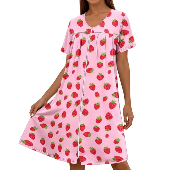 Jamicy Sleep Dress for Women Zipper Robes Short Sleevele Bathrobes Lightweight Knee Length Housecoat with Pockets Nightgown Soft Pajama Dress