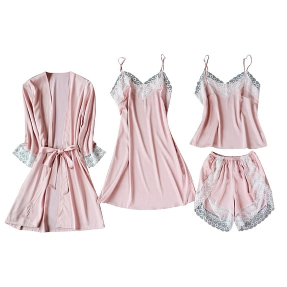 Jamicy Sleep Dresses for Women Lace Simple Home Suspender Shorts Nightgown With Nightdress for Women Four-Piece Pajamas Set