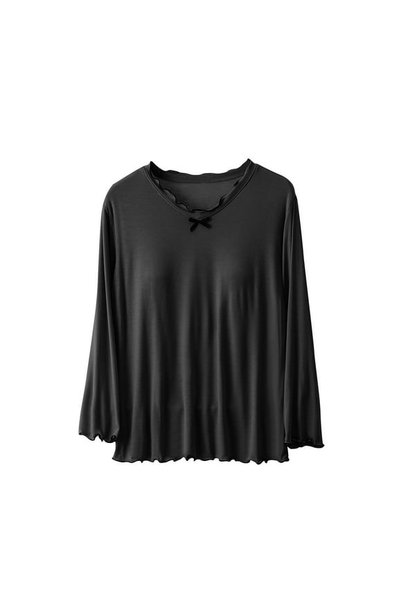 Sleep Top Long Sleeve Solid Color Fashion Causal Soft Long Sleeve Pajama Top with Non-Detachable Chest Pad Bow Home Wear for Women