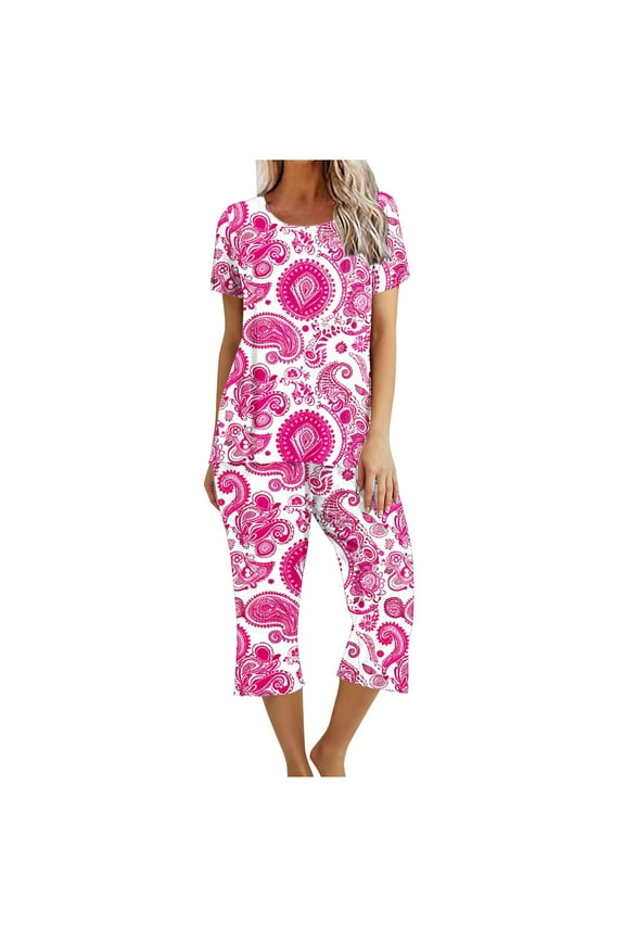 Sleepwear Set for Women Woemn's Pajama Set Short Sleeve Top with Capri Trousers Loungewear Two-Piece Set Comfortable Soft Woemn's Loungewear