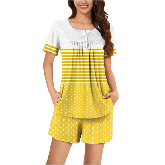 Jamicy Sleepwear for Women Fashion Casual Loose Stripe Printed Round Neck Button Shorts Short Sleeve Comfortable Ladies Pajamas Set