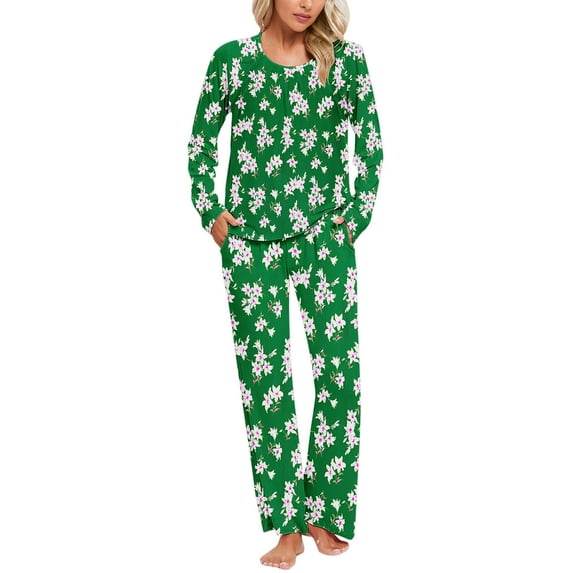 Jamicy Sleepwear for Women Gifts for Mom Womens Pajama Sets Long Sleeve Sleepwear Round Neck Nightwear Soft Pjs Lounge Sets with Pockets