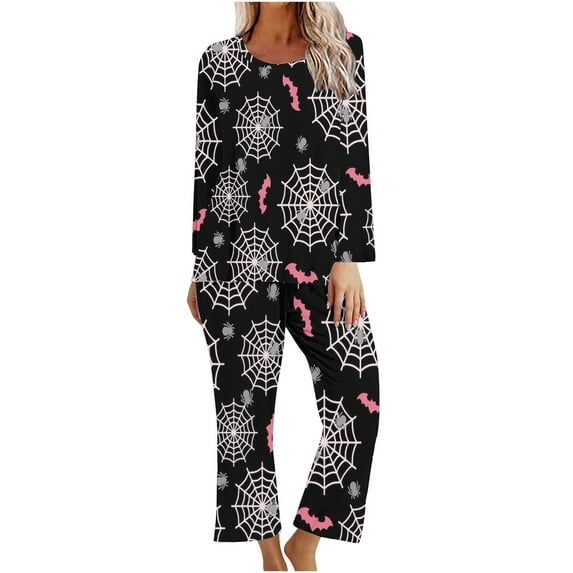 Jamicy Sleepwear for Women Halloween Gifts Long Sleeve Pajama Set Halloween Print Clothing Sport Leisure Holiday Adult Cozy Sleepwear