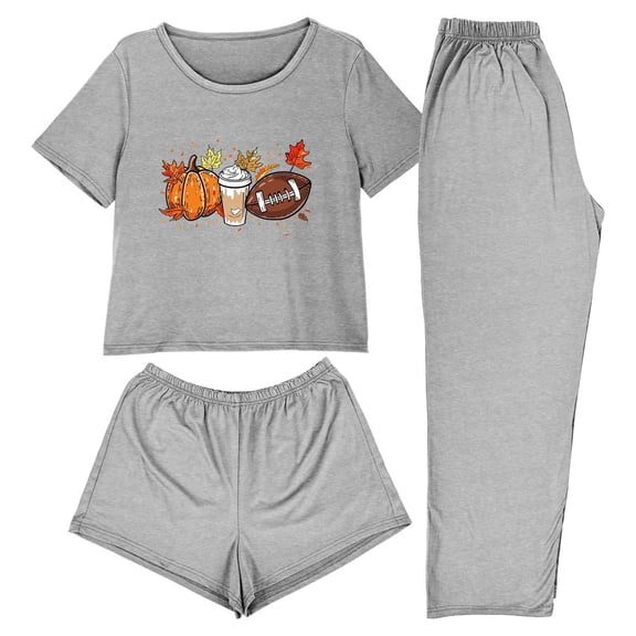 Jamicy Sleepwear for Women Valentine's Day Gift 3pcs Home Casual Pajamas Short Sleeves Tops with Shorts Long Pants Set Pajamas Set